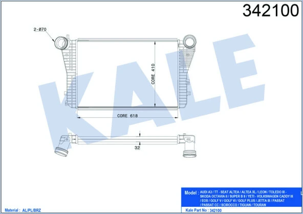 KALE TURBO RADYATÖRÜ INTERCOOLER CADDY-GOLF 5-JETTA-A3-LEON-OCTAVIA 1.8-1.9-2.0TDI-TF