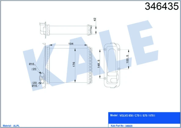 KALE KALORİFER RADYATÖRÜ VOLVO 850 91-96 C70 98-05 S70 97-00 V70 97-00