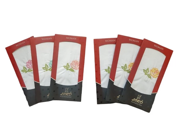 LORD 6 LI PAKET İŞLEMELİ POPLİN KADIN MENDİLİ - 4