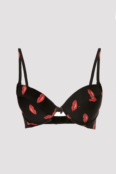 Siyah Desteksiz  Dudak Desenli Sütyen - 2