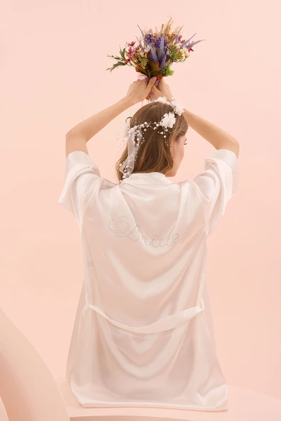 Ekru Bride Saten Sabahlık - Resim 2