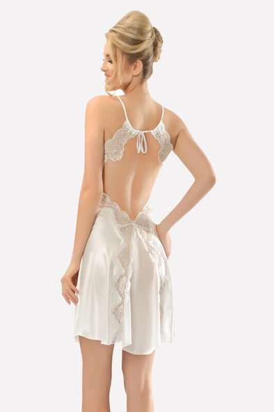 Ekru Sırt Dekolteli Saten Gecelik - Resim 2