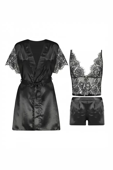 Siyah Dantelli Saten Şortlu Sabahlık Takımı - Resim 2
