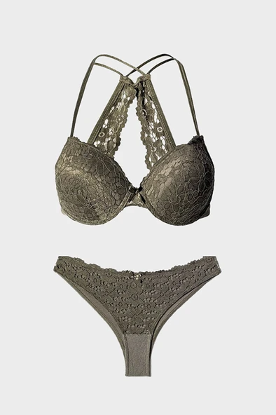 Haki Dantelli Sütyen Külot  Takımı - Resim 4