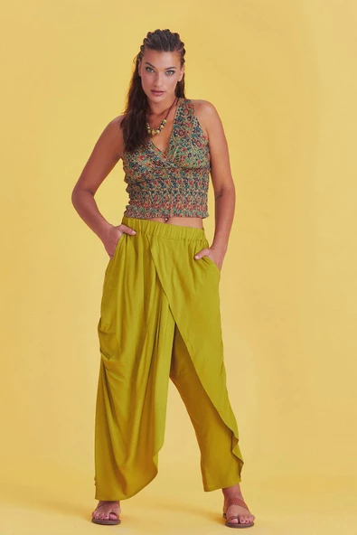 Kruvaze Ön Detay Beli Lastikli Salaş Pantolon - 2