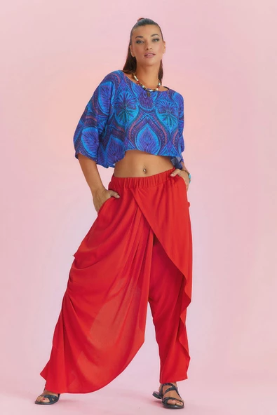 Kruvaze Ön Detay Beli Lastikli Salaş Pantolon - 4