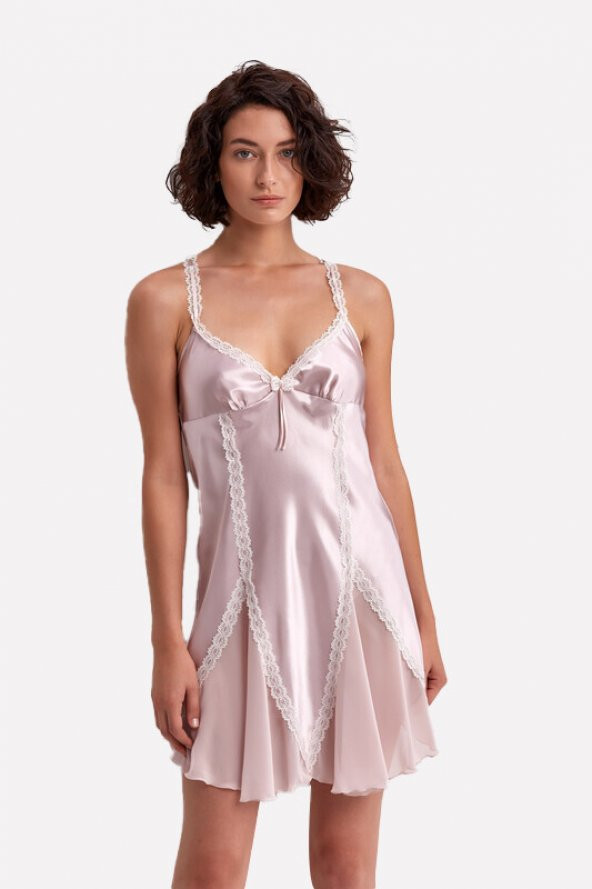 Pudra Saten Gecelik Sabahlık Takımı - 2