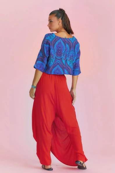 Kruvaze Ön Detay Beli Lastikli Salaş Pantolon - 5