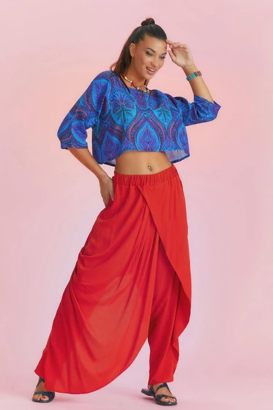 Kruvaze Ön Detay Beli Lastikli Salaş Pantolon - 3