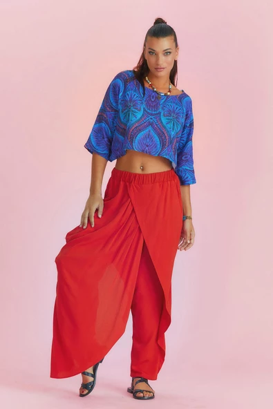 Kruvaze Ön Detay Beli Lastikli Salaş Pantolon - 2