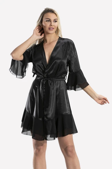 Siyah Saten Tüllü Sabahlık ürün görseli