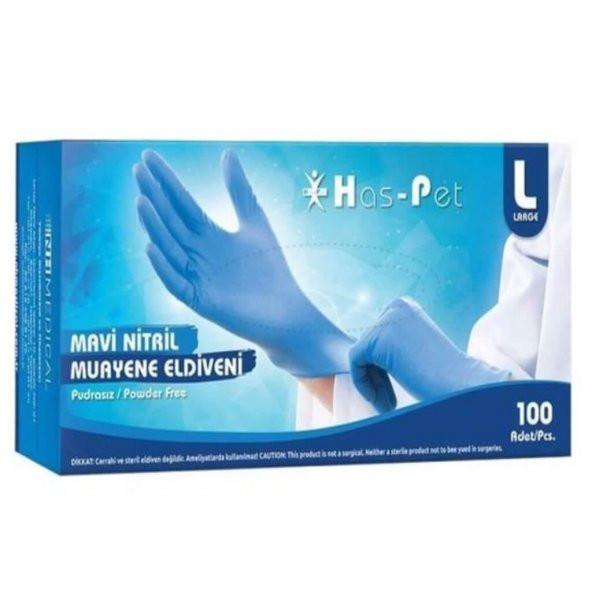 Nitril Muayene Eldiveni Pudrasız Mavi (L) 100 lü