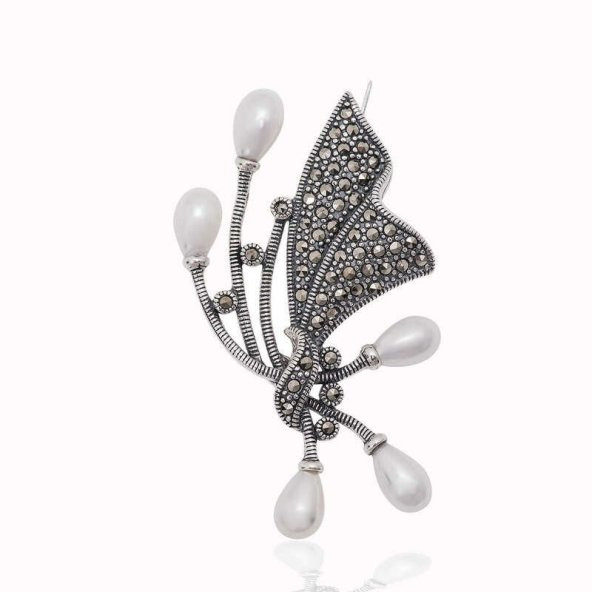 Gümüş Markazit Taşlı İncili Broş - 7