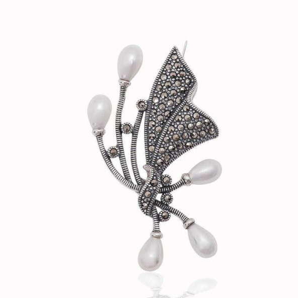 Gümüş Markazit Taşlı İncili Broş - 10