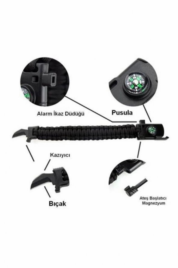 Paracord Survival Ateş Başlatıcı Magnezyum Çubuğu Bıçak Pusula İkaz Düdüklü Bileklik - 2
