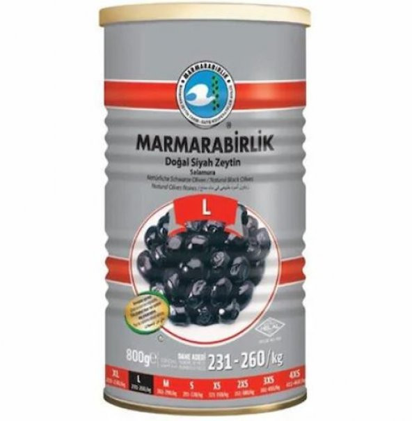 Marmarabirlik Doğal Salamura 231-260 KB L Siyah Zeytin Teneke 6 x 800 G