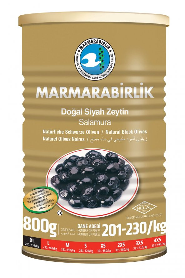 Marmarabirlik Mega Salamura 201-230 KB XL Siyah Zeytin Teneke 800 G