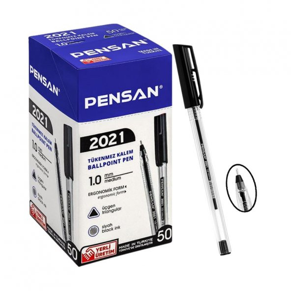 Siyah Tükenmez Kalem Pensan 2021 Şeffaf Üçgen Gövde 1.0 mm 10 Adet - 2