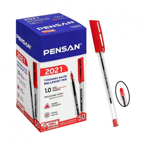 Kırmızı Tükenmez Kalem Pensan 2021 Şeffaf Üçgen Gövde 1.0 mm 10 Adet - 2