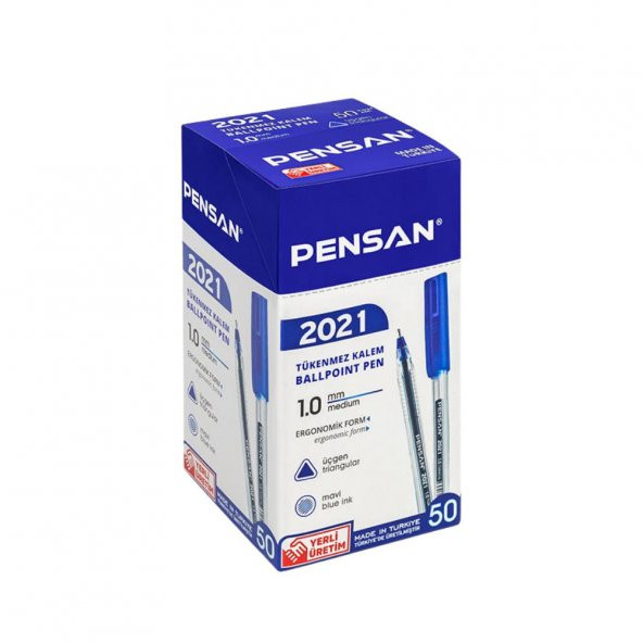 Mavi Tükenmez Kalem Pensan 2021 Şeffaf Üçgen Gövde 1.0 mm 50 Adet