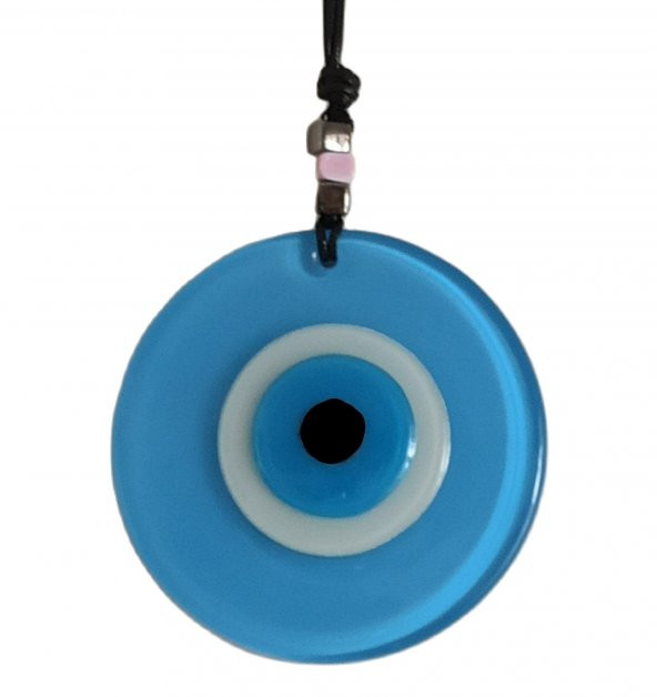 Nazar Boncuklu Deri İpli Bebe Mavisi Renginde Cam Duvar Süsü ürün görseli