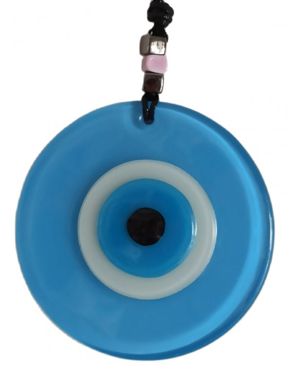 Nazar Boncuklu Deri İpli Bebe Mavisi Renginde Cam Duvar Süsü - Resim 3