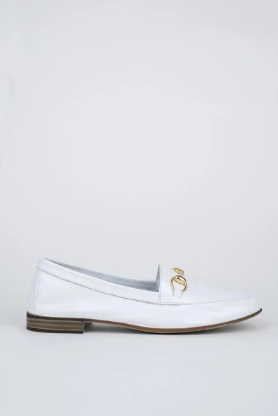 Beyaz Hakiki Deri Tokalı Ayakkabı Günlük Babet  - Bader - 2