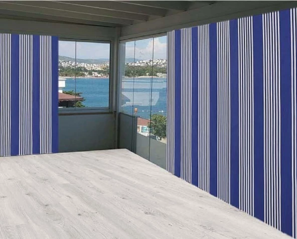Ceylan Home Balkon Perdesi Mavi İnce Çizgili 300x250