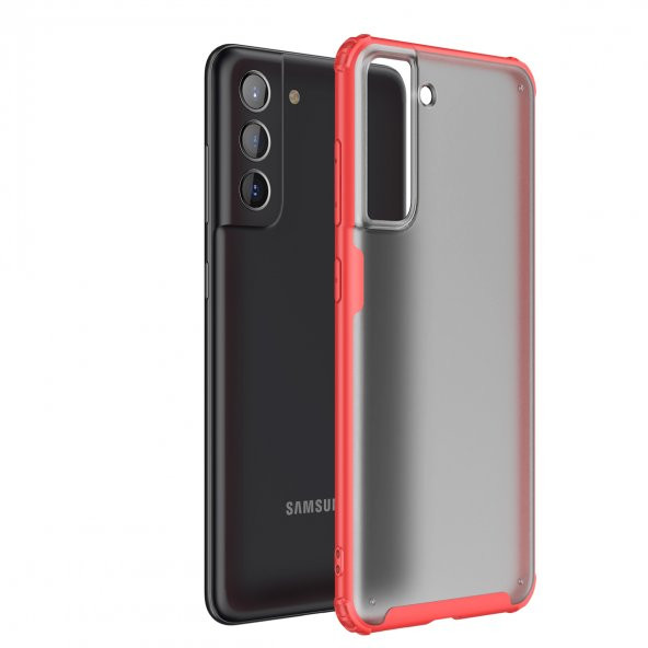 KNY Samsung Galaxy S21 FE Kılıf Silikon Kenarlı Buzlu Volks Kapak Kırmızı