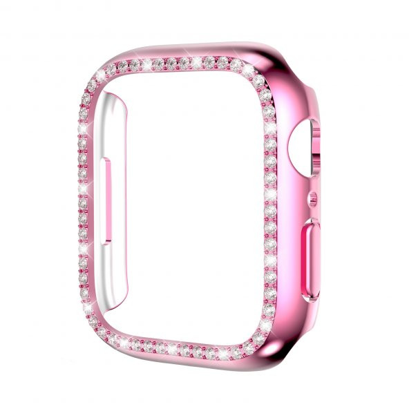 KNY Apple Watch 7 41 MM İçin Kenarı Taşlı Renkli Gard Kapak Pembe