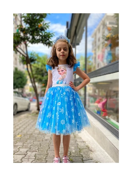 Mavi Elsa Karlar Kraliçesi Kar Taneli Taç Set Elbise - 2