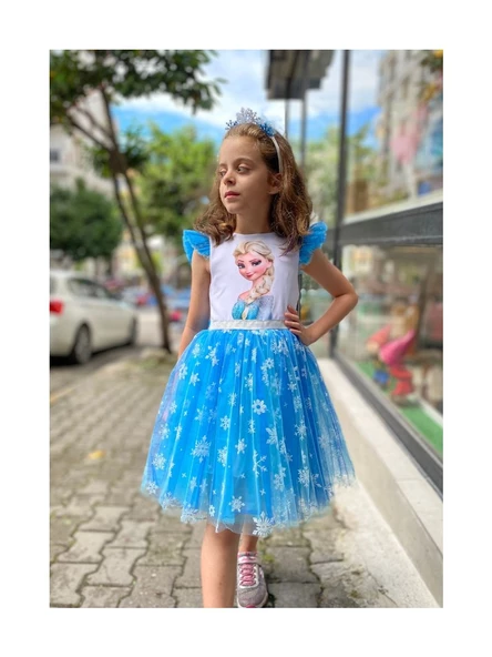 Mavi Elsa Karlar Kraliçesi Kar Taneli Taç Set Elbise - 6