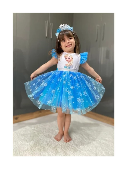 Mavi Elsa Karlar Kraliçesi Kar Taneli Taç Set Elbise - 5