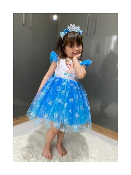 Mavi Elsa Karlar Kraliçesi Kar Taneli Taç Set Elbise - 3