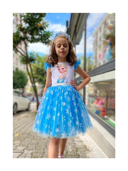 Mavi Elsa Karlar Kraliçesi Kar Taneli Taç Set Elbise - 8