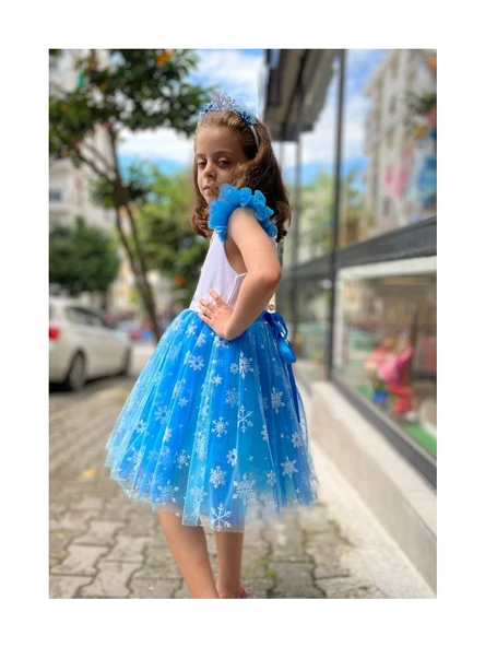 Mavi Elsa Karlar Kraliçesi Kar Taneli Taç Set Elbise - 4
