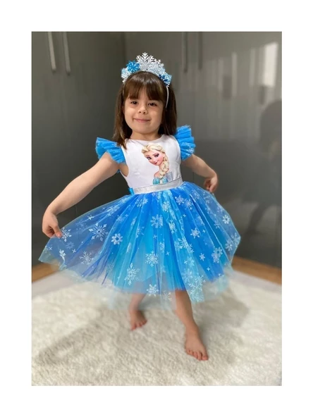 Mavi Elsa Karlar Kraliçesi Kar Taneli Taç Set Elbise - 7