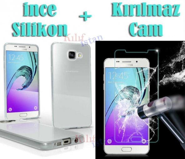 Samsung Galaxy A7 2016 A710F İnce Şeffaf Silikon Kılıf + Cam