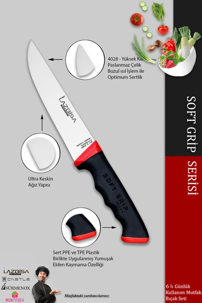 Lazbisa Soft Grip Mutfak Bıçak Seti Et Ekmek Sebze Bıçağı 6 Lı Set Günlük Kullanım ( Mtf-060 ) - 3