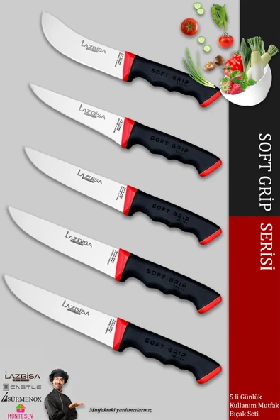 Lazbisa Soft Grip Mutfak Bıçak Seti Et Ekmek Sebze Bıçağı 5 Li Set Günlük Kullanım ( Mtf-784 )