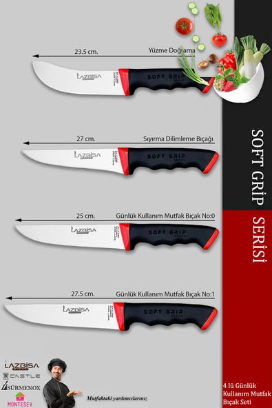 Lazbisa Soft Grip Mutfak Bıçak Seti Et Ekmek Sebze Bıçağı 4 Lü Set Günlük Kullanım ( Mtf-756 ) - 2