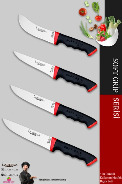 Lazbisa Soft Grip Mutfak Bıçak Seti Et Ekmek Sebze Bıçağı 4 Lü Set Günlük Kullanım ( Mtf-756 )