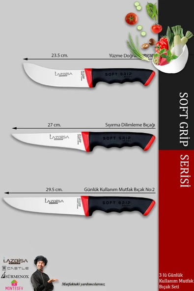 Lazbisa Soft Grip Mutfak Bıçak Seti Et Ekmek Sebze Bıçağı 3 Lü Set Günlük Kullanım ( Mtf-051 ) - 2