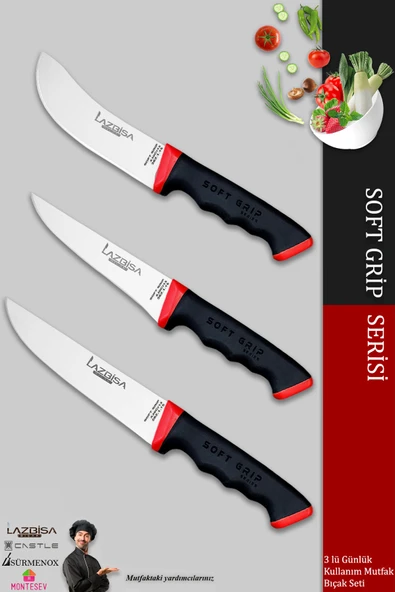 Lazbisa Soft Grip Mutfak Bıçak Seti Et Ekmek Sebze Bıçağı 3 Lü Set Günlük Kullanım ( Mtf-051 )