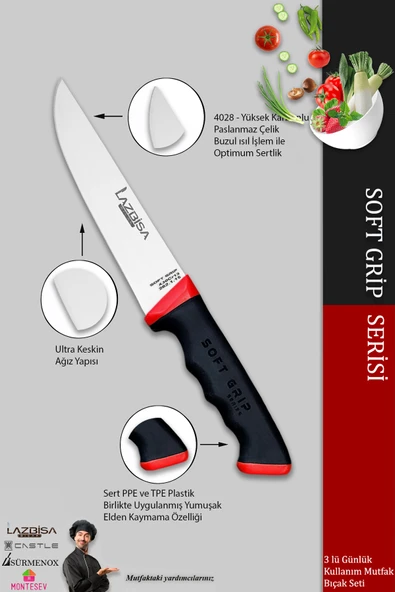 Lazbisa SSoft Grip Mutfak Bıçak Seti Et Ekmek Sebze Bıçağı 3 Lü Set Günlük Kullanım ( Mtf-052 ) - 3