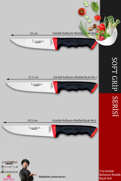 Lazbisa SSoft Grip Mutfak Bıçak Seti Et Ekmek Sebze Bıçağı 3 Lü Set Günlük Kullanım ( Mtf-052 ) - 2