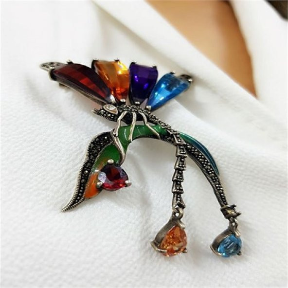 Yusufçuk Figürlü Doğal Taşlı Vip Tasarım Yaka İğnesi ürün görseli