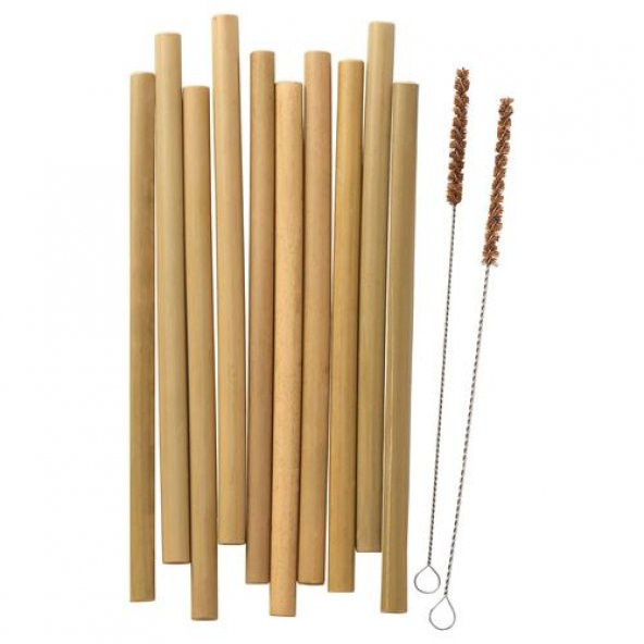 12 Li Bambu Pipet IKEA MeridyenDukkan Elde Yıkanan Bambu Pipet Sunum-Servis 2 Adet Temizleme Fırçası