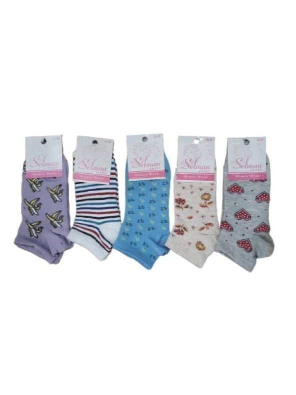 Selman Socks Kadın Pamuk Desenli Patik Çorap 36-40 (5 Adet) S 01582 - Karışık Renkli - 35-39 - 2