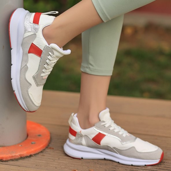 Joox Beyaz Süet Kırmızı Detaylı Bağcıklı Spor Ayakkabı